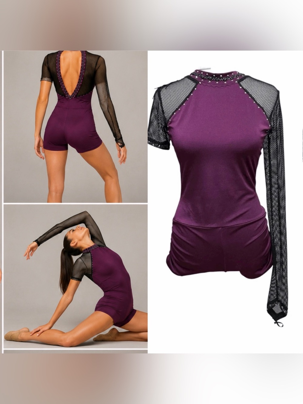 Custom Solo rhinestoned Dance Costume purple fishnet leotard illusion SA/MA adul